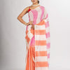 White pink And Orange Stipe Cotton handloom Saree