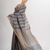 Gray And Blue Stipe Handwoven Cotton Jamdani handloom Saree