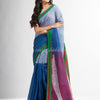 Blue and white half and half red Pallu in multe colour border handwoven linen saree