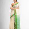 Cream with green pallu in multi colour boeder handwoven linen saree