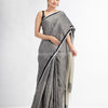 Grey twill weaving with sage green pallu in white and black border handwoven linen saree