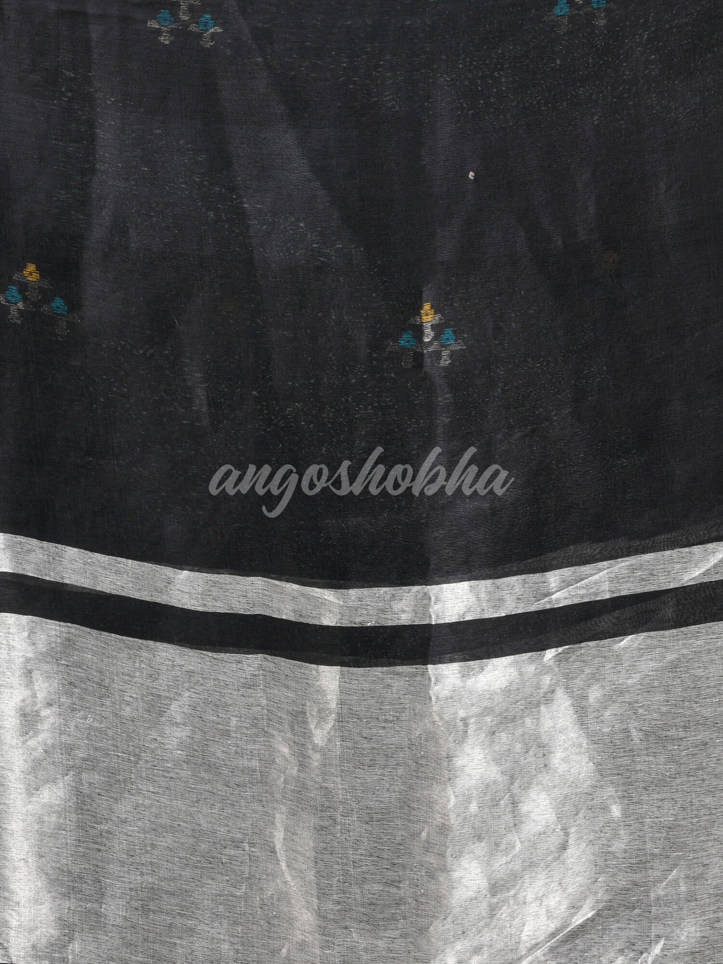 Black Silk Linen All Body Buti With Pallu Silver Zari Handloom saree