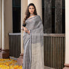 Grey twill weaving with sage green pallu in white and black border handwoven linen saree