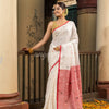 White Linen All Body Buti With Red Pallu Handloom Saree