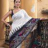 White & Black Silk Matka Solid Body Handwoven Jamdani Saree