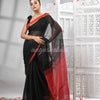 Black Cotton Blend Solid Body Red Pallu Handloom Saree