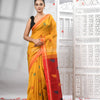 Yellow Cotton Blend All Body Motive With Red Pallu Handloom Saree