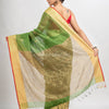 Lime green silk blend linen with solid border jamdani saree