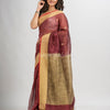 Umber brown silk blend linen with solid border jamdani saree