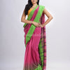 Pink cotton tai dai with solid broder in multi colour pallu hondwaven saree