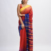 Red cotton tai dai with solid broder in multi colour pallu hondwaven saree