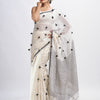 White linen all body pom pom with pallu stipe handwoven saree