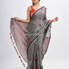 Grey linen all body pom pom with pallu stipe handwoven saree