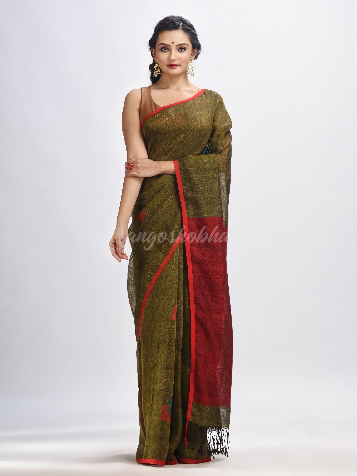 Olive Green Bengal Jamdani Saree with Floral Butis main image 0