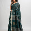 Dark bottle green linen with zari border jamdani saree