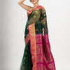 Bottle green with red art silk Muslin Jacquard Jamdani saree