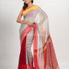 White & Red cotton blend half and half handloom saree
