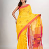 Yellow cotton blend all body laptop motive with pallu red jamdani saree