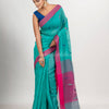 Turquoise cotton blend all body motive with pink pallu jamdani saree