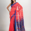Pastel red cotton blend all body arrow motive with blue pallu jamdani saree