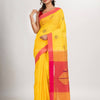 Yellow cotton blend all body noddle motive with pink pallu jamdani saree