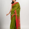 Venom green cotton blend all body noddle motive with red pallu jamdani saree