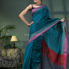 Deep Teal Cotton Blend Solid Border Handloom Saree