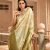 Olive Green Linen Silver Zari Check Pallu Handwoven tissue saree