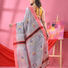Silver Grey Cotton All Body Hut Motive Handloom Saree
