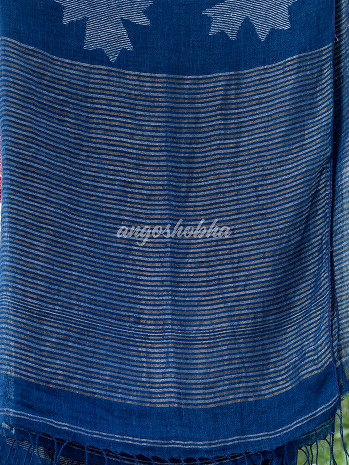 Blue Body Synchronised with Jamdani Design Golden & Silver Stripes Pallu Ribbon Border Handwoven Saree