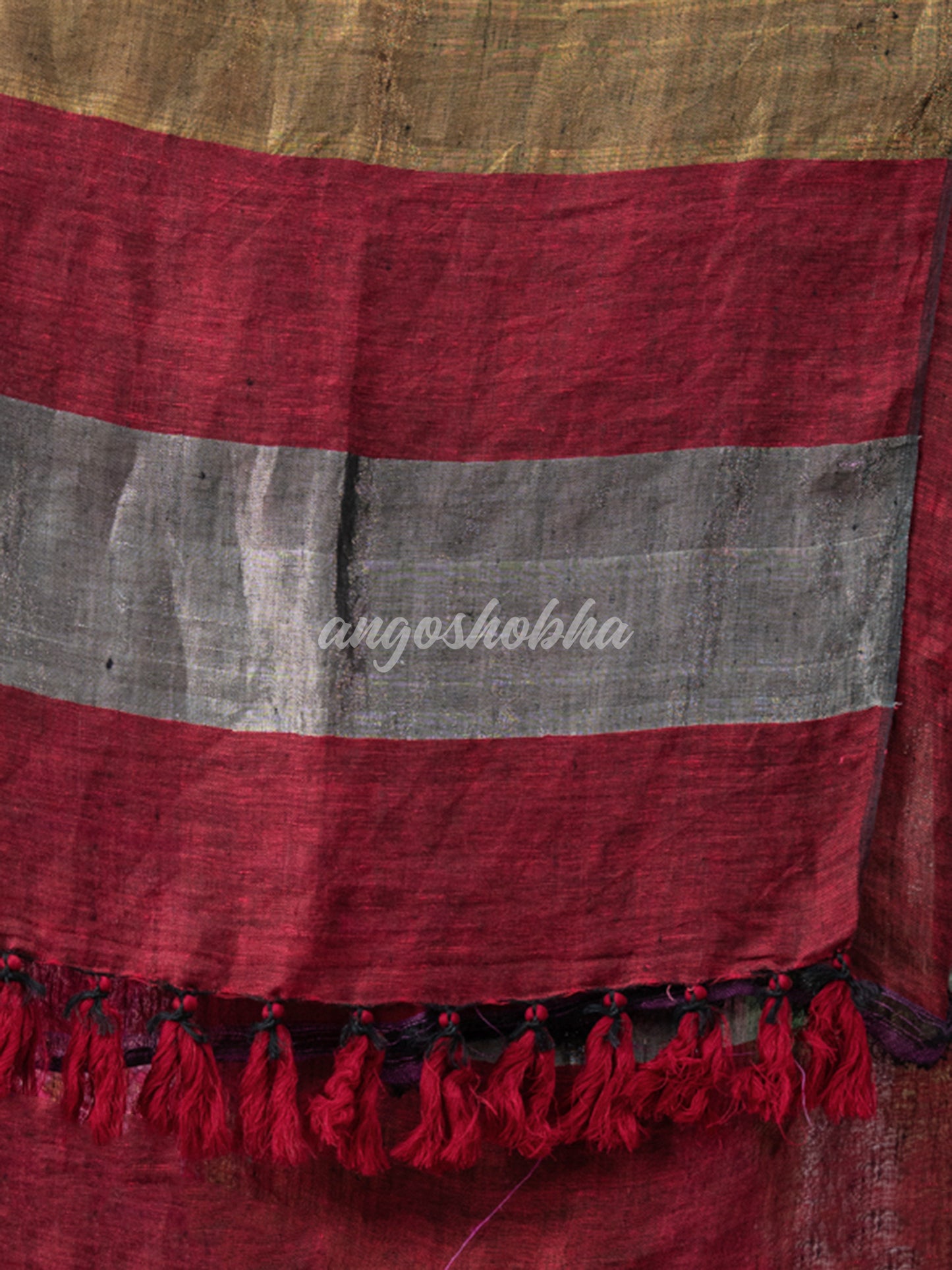 Maroon Linen Multicolor Tissue Body with Maroon Tassels Handwoven Saree