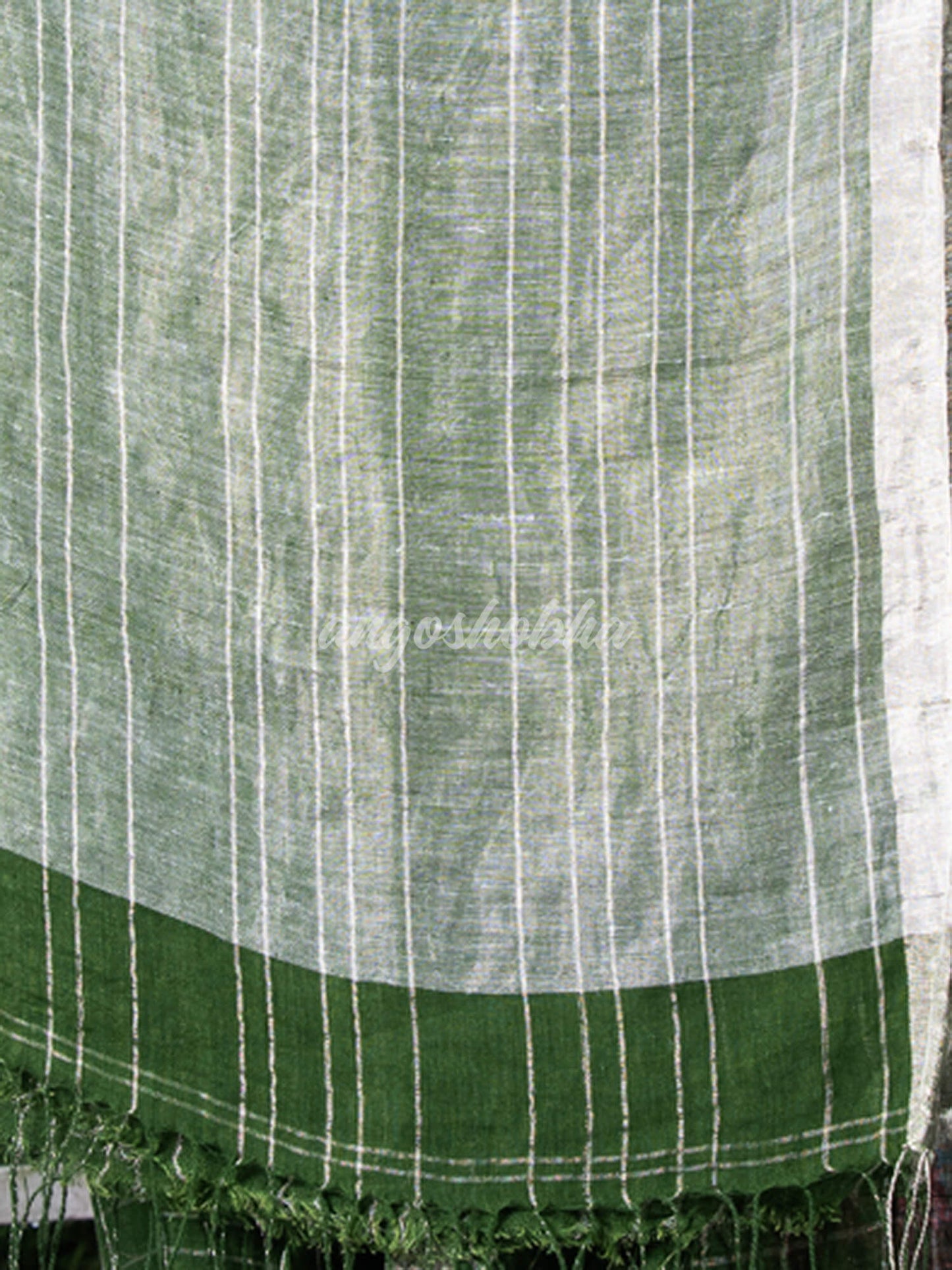 Green Linen Silver Check Body with Silver Border & Pallu Bengal Handwoven Saree