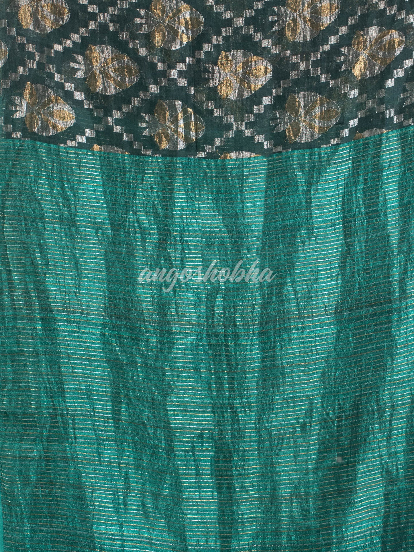 Dark Green Silk Matka Body with Leaves Intricate Design including Silver & Golden Stripes on Check Pallu Handwoven Saree