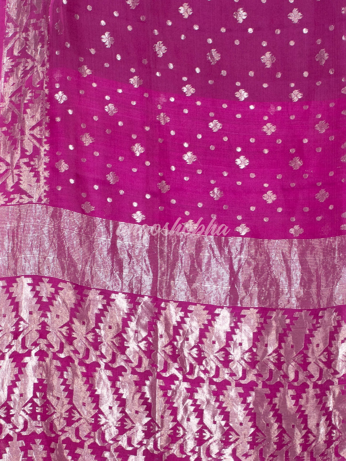 Magenta Silk Muslin Body and The Hem with Intricate Silver Motifs Design Handwoven Saree