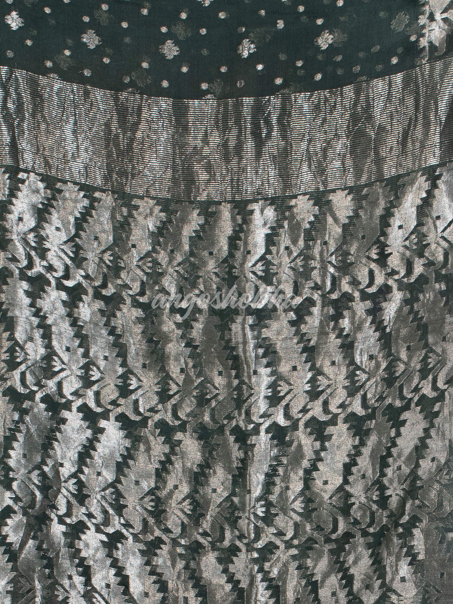 Bottle Green Silk Muslin Body and The Hem with Intricate Silver Motifs Design Handwoven Saree
