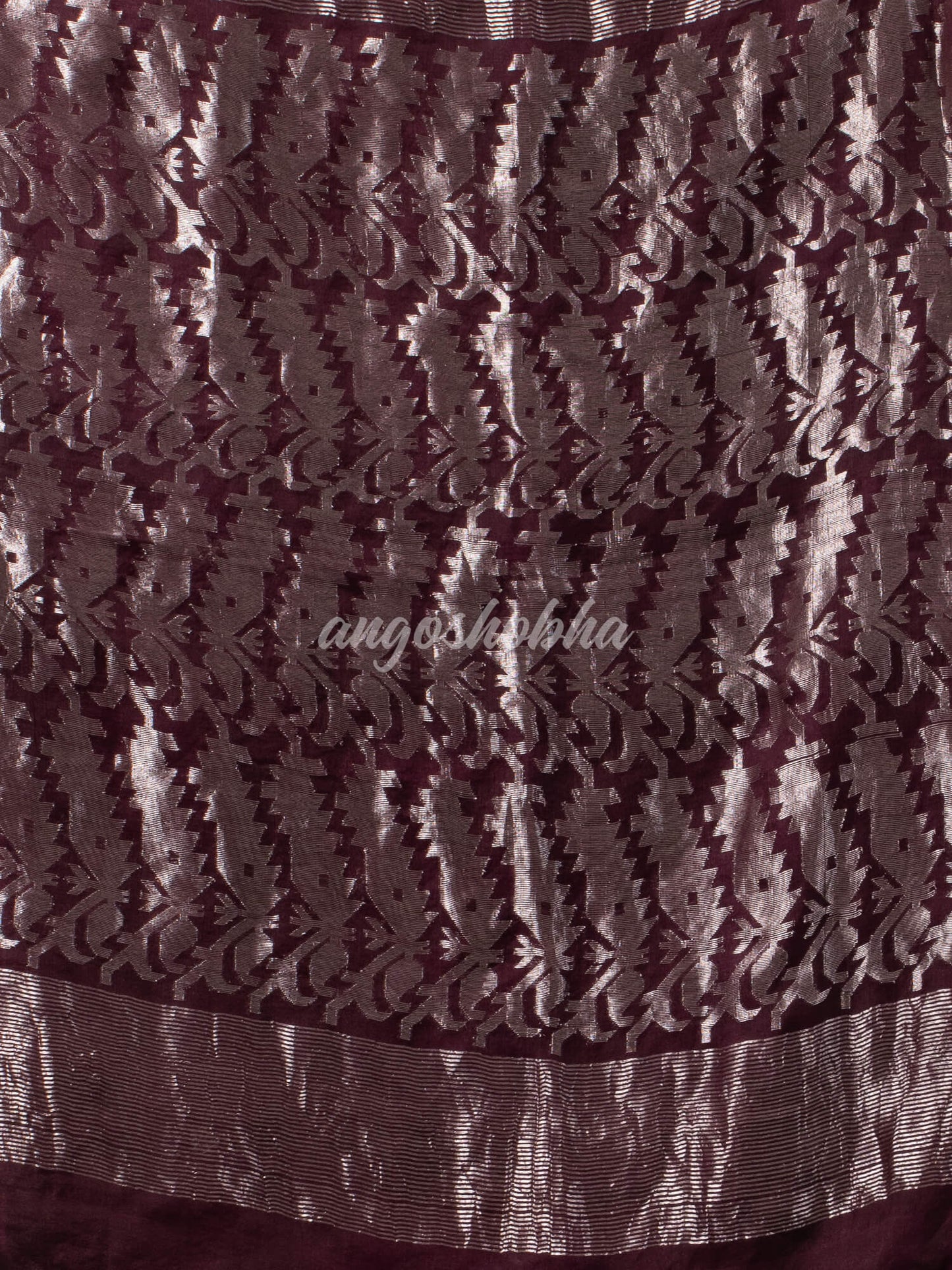Wine Silk Muslin Body and The Hem with Intricate Silver Motifs Design Handwoven Saree