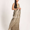 Beige Silver Traditional Handloom Check Linen Saree angoshobha