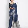 Silver Zari Border Blue Linen Saree angoshobha
