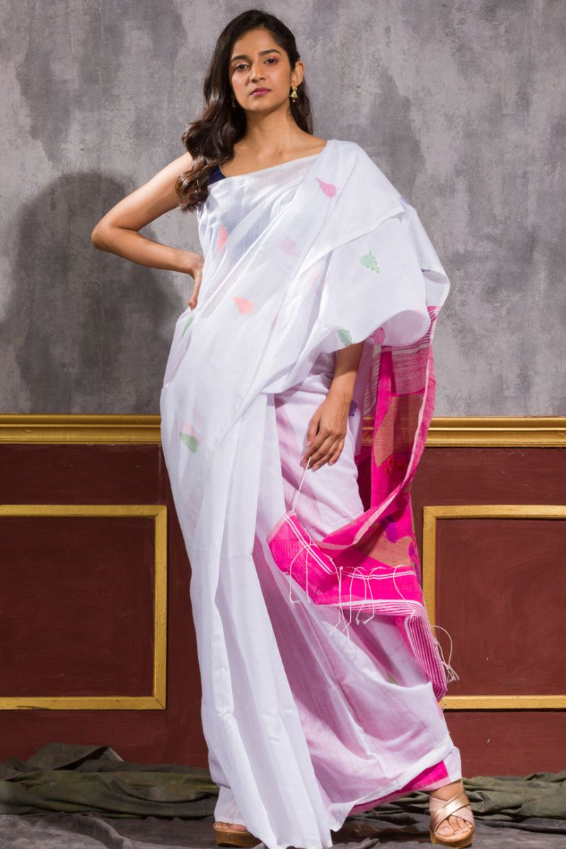 White Pink Handloom Cotton Silk Jamdani Saree
