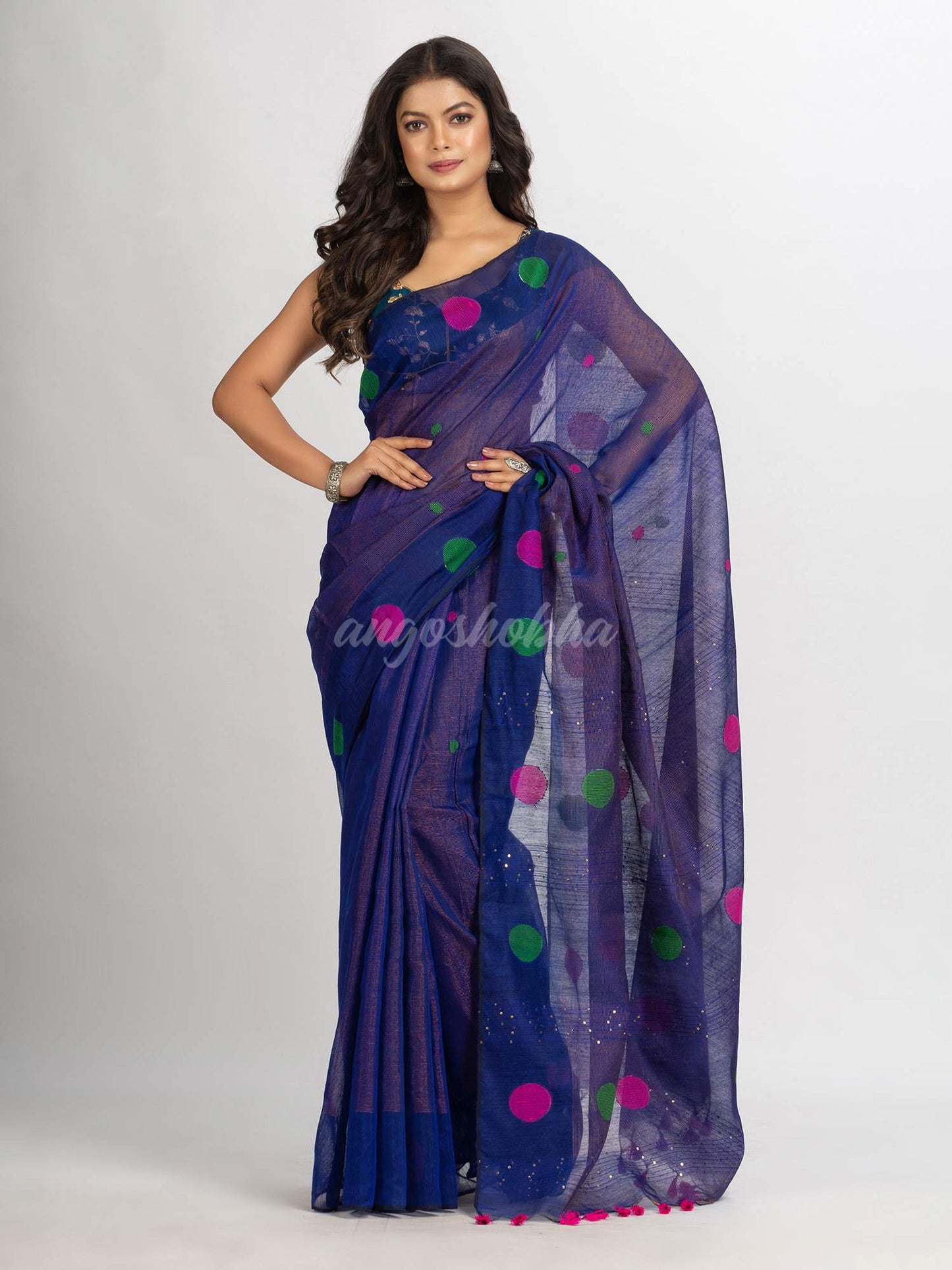 Blue Handwoven Cotton Blend Jamdani  handloom Saree