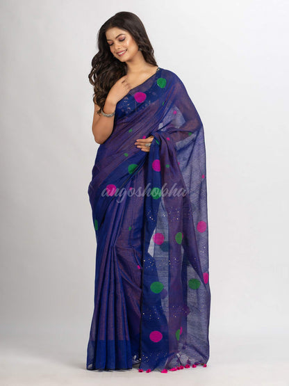 Blue Handwoven Cotton Blend Jamdani  handloom Saree