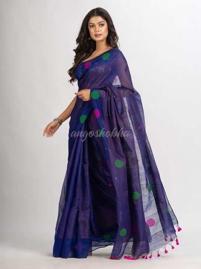 Blue Handwoven Cotton Blend Jamdani  handloom Saree