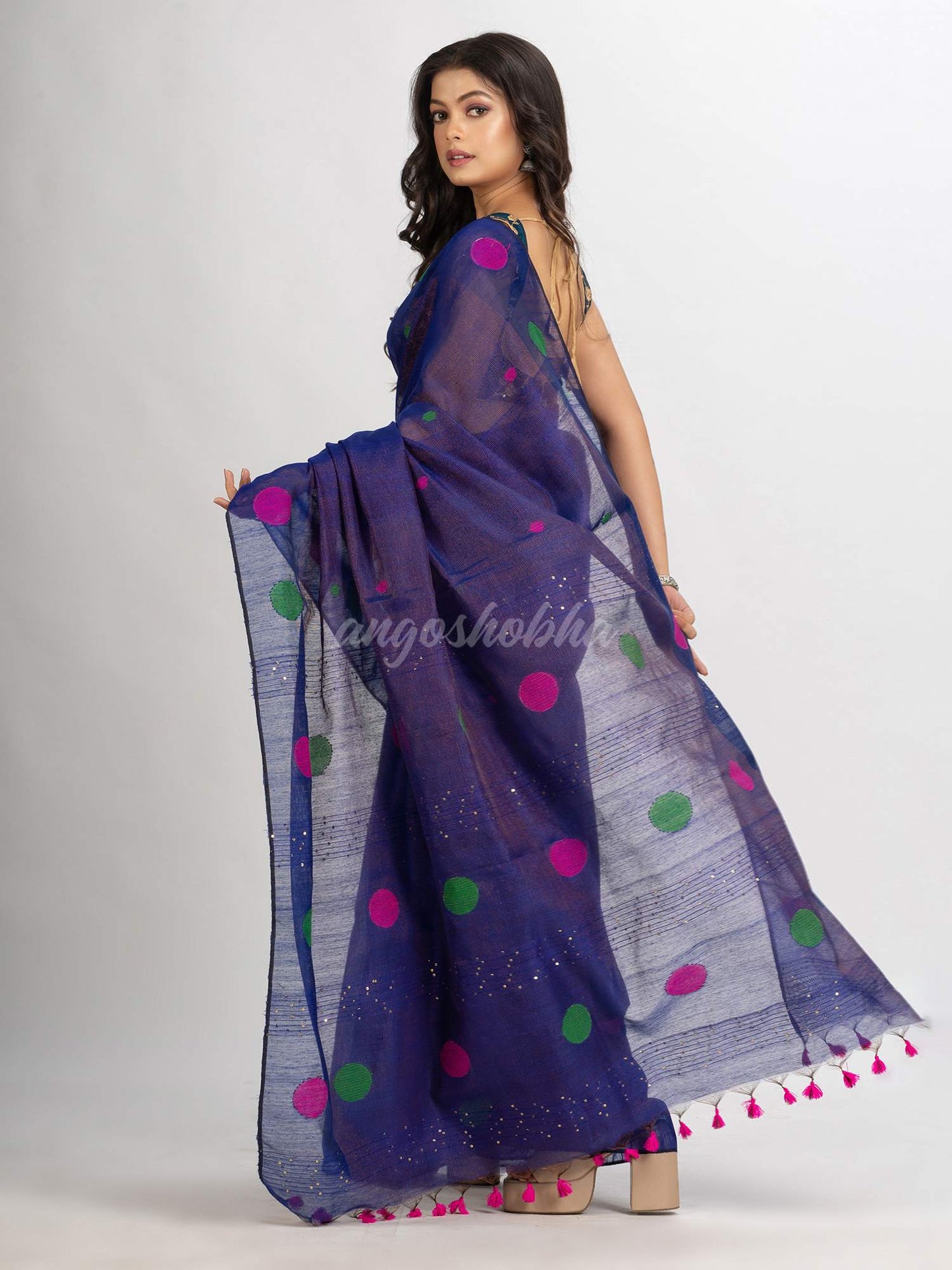 Blue Handwoven Cotton Blend Jamdani  handloom Saree