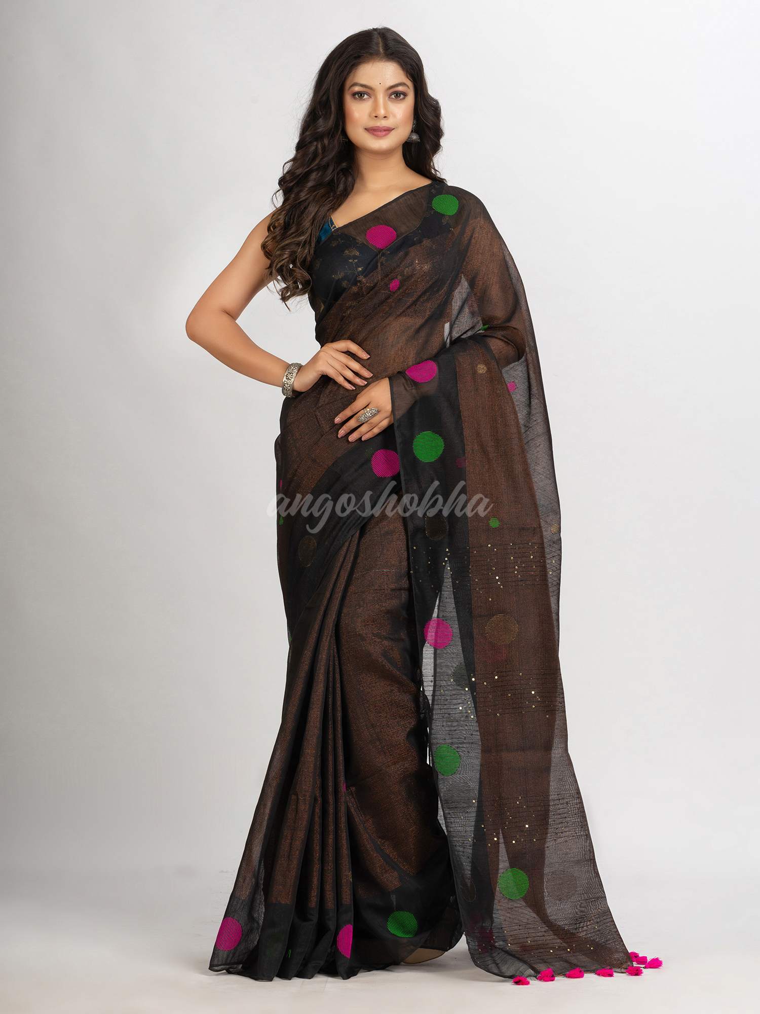 Black Handwoven Cotton Blend Jamdani handloom Saree