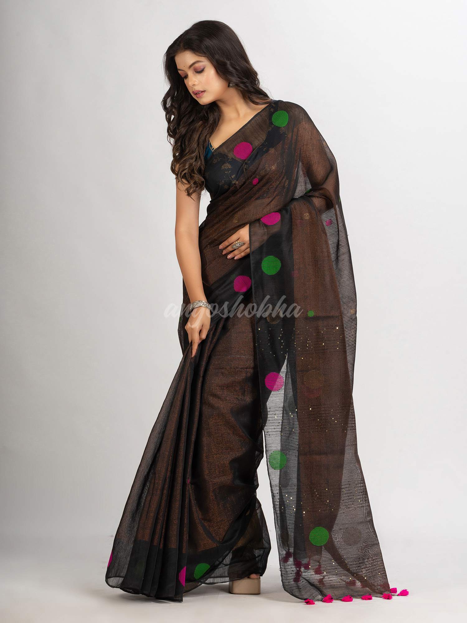 Black Handwoven Cotton Blend Jamdani handloom Saree