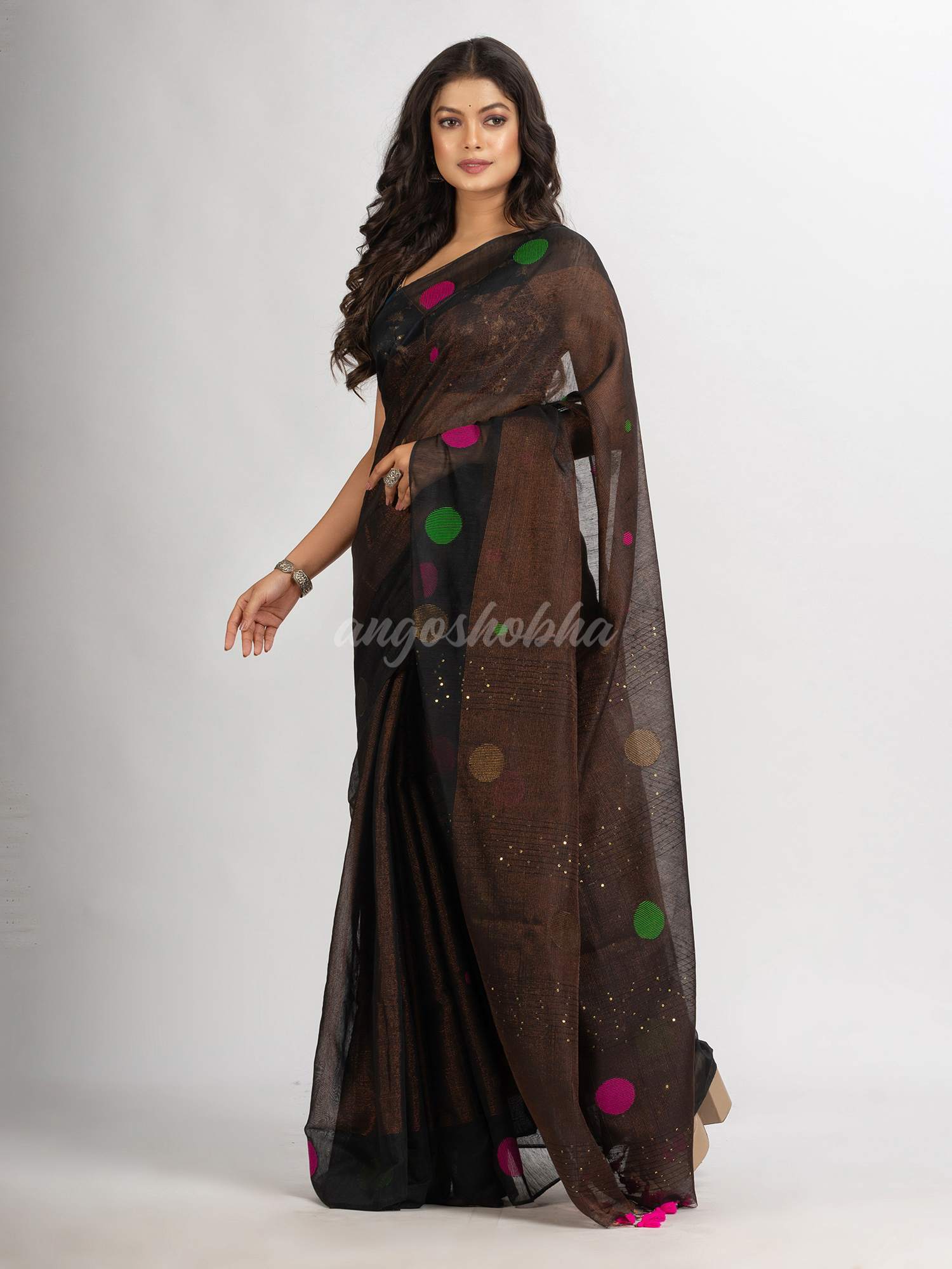 Black Handwoven Cotton Blend Jamdani handloom Saree