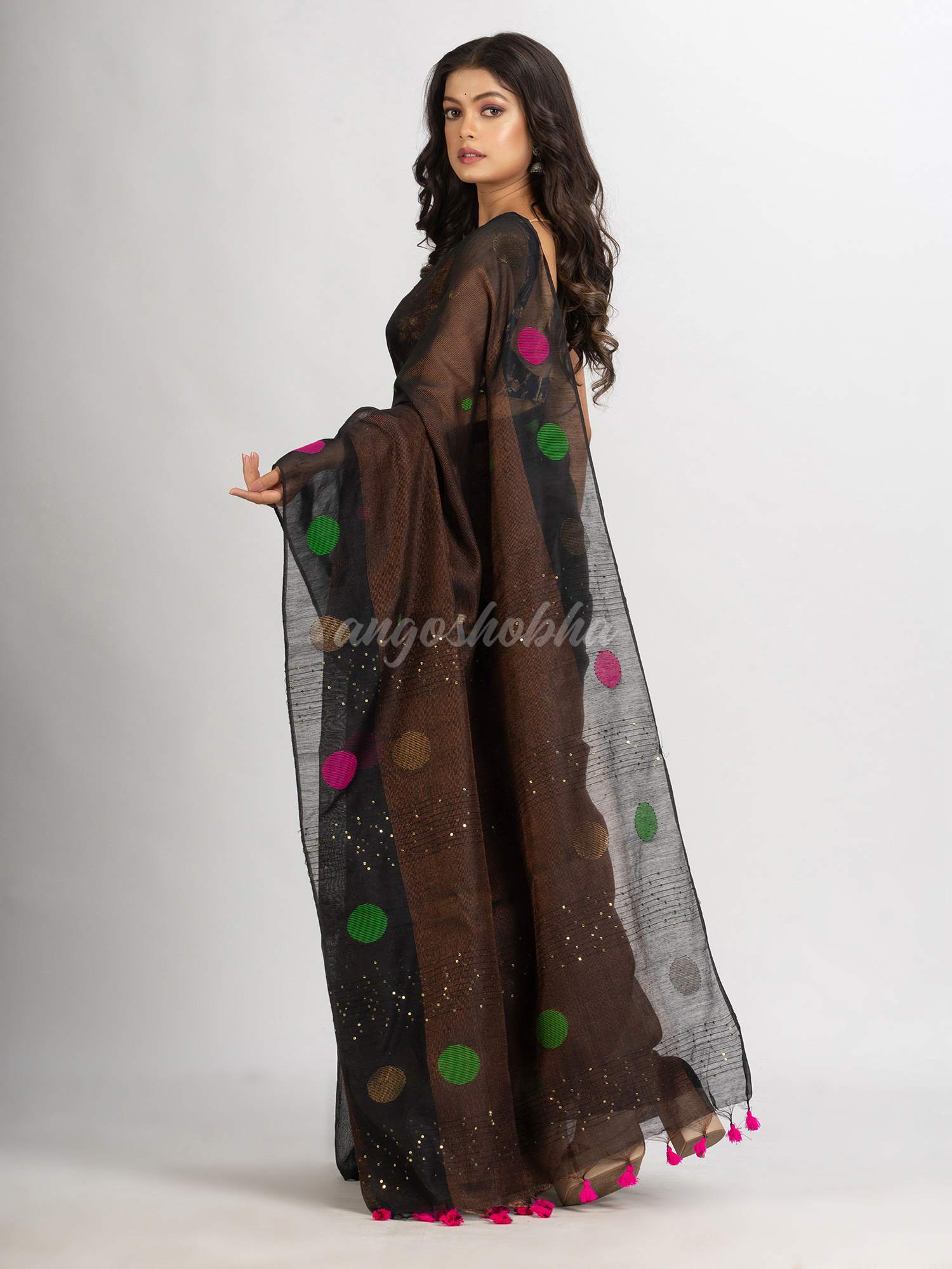 Black Handwoven Cotton Blend Jamdani handloom Saree