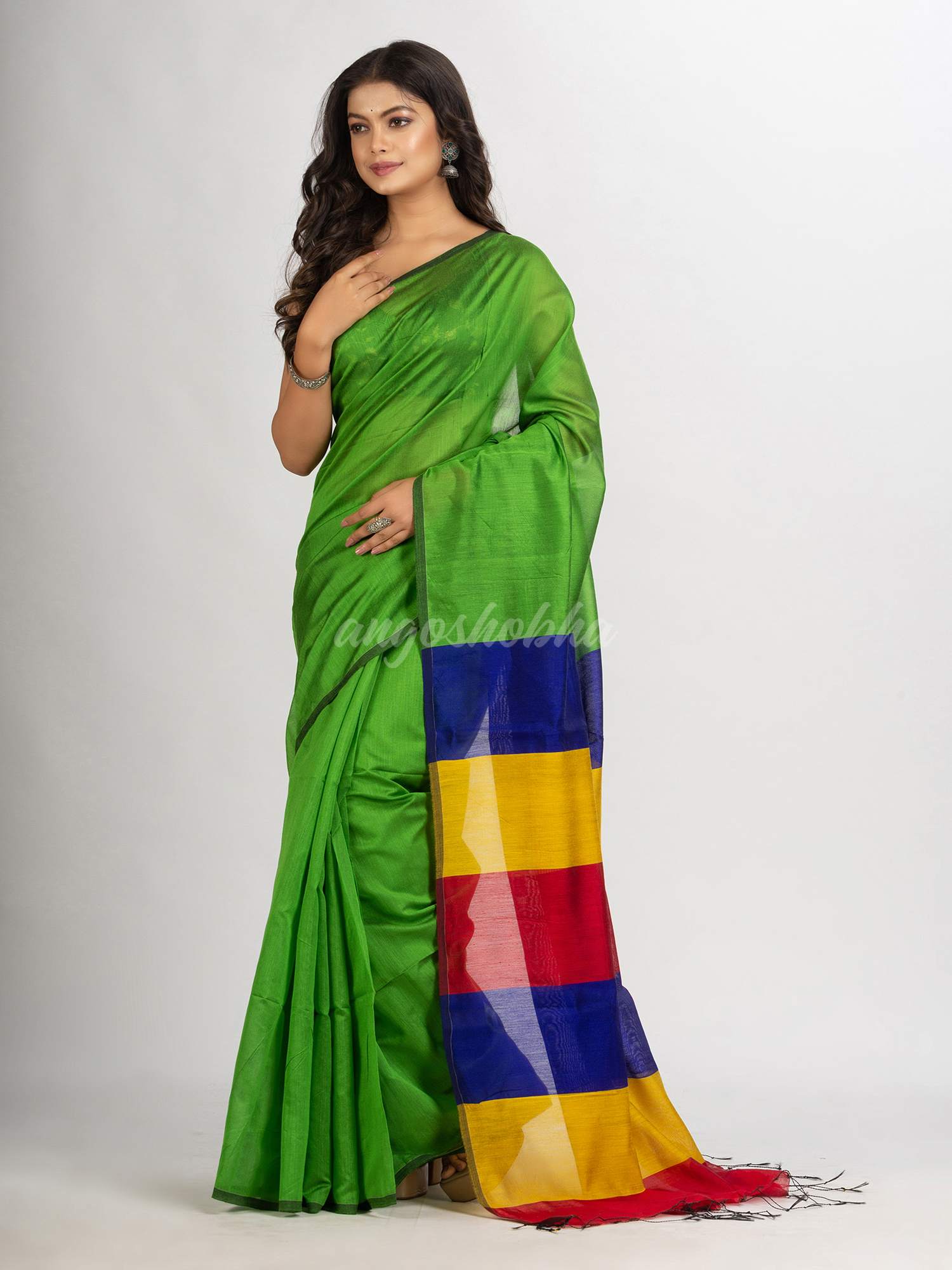 Green Cotton Blend Handloom  Saree