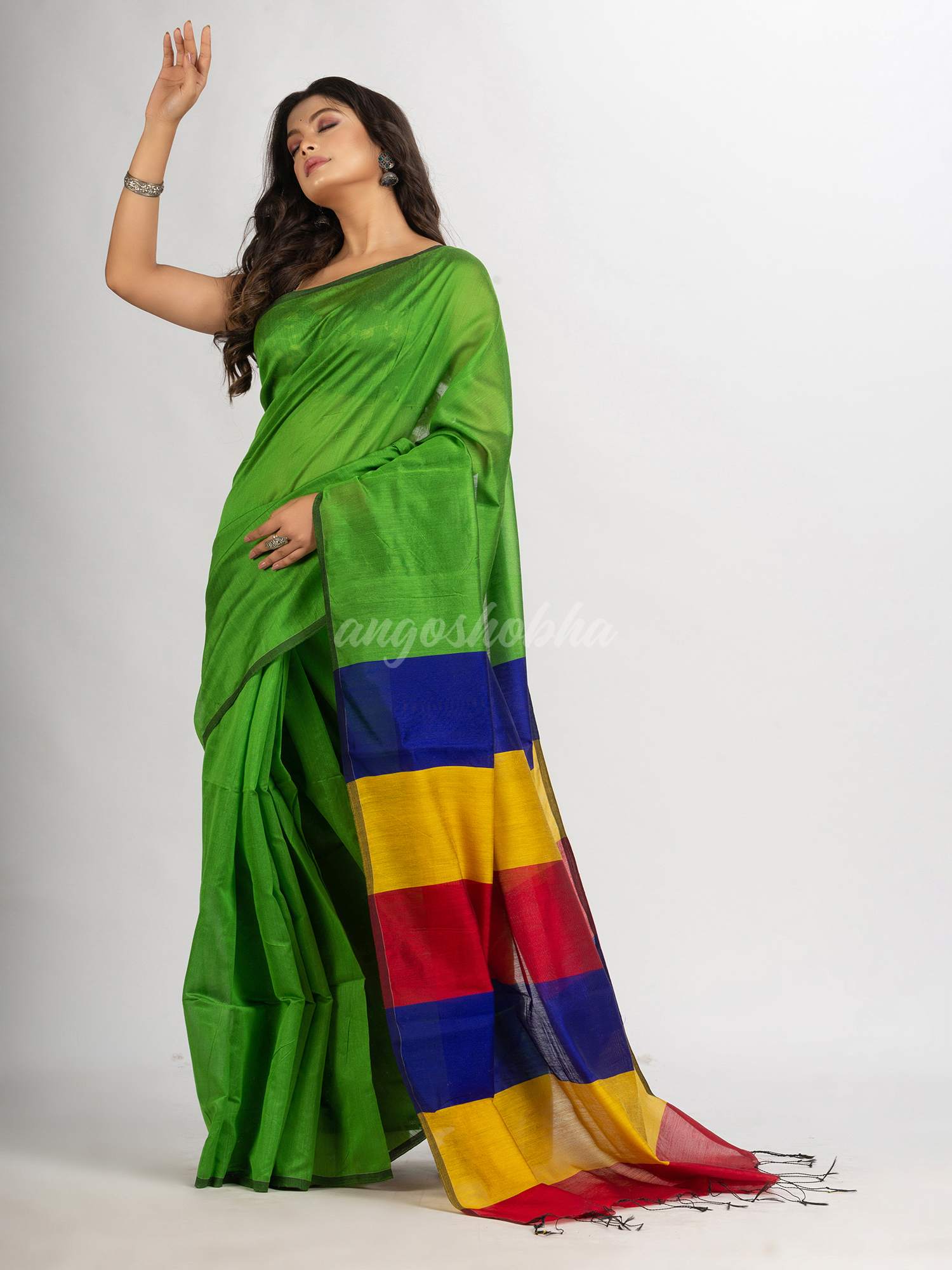 Green Cotton Blend Handloom  Saree