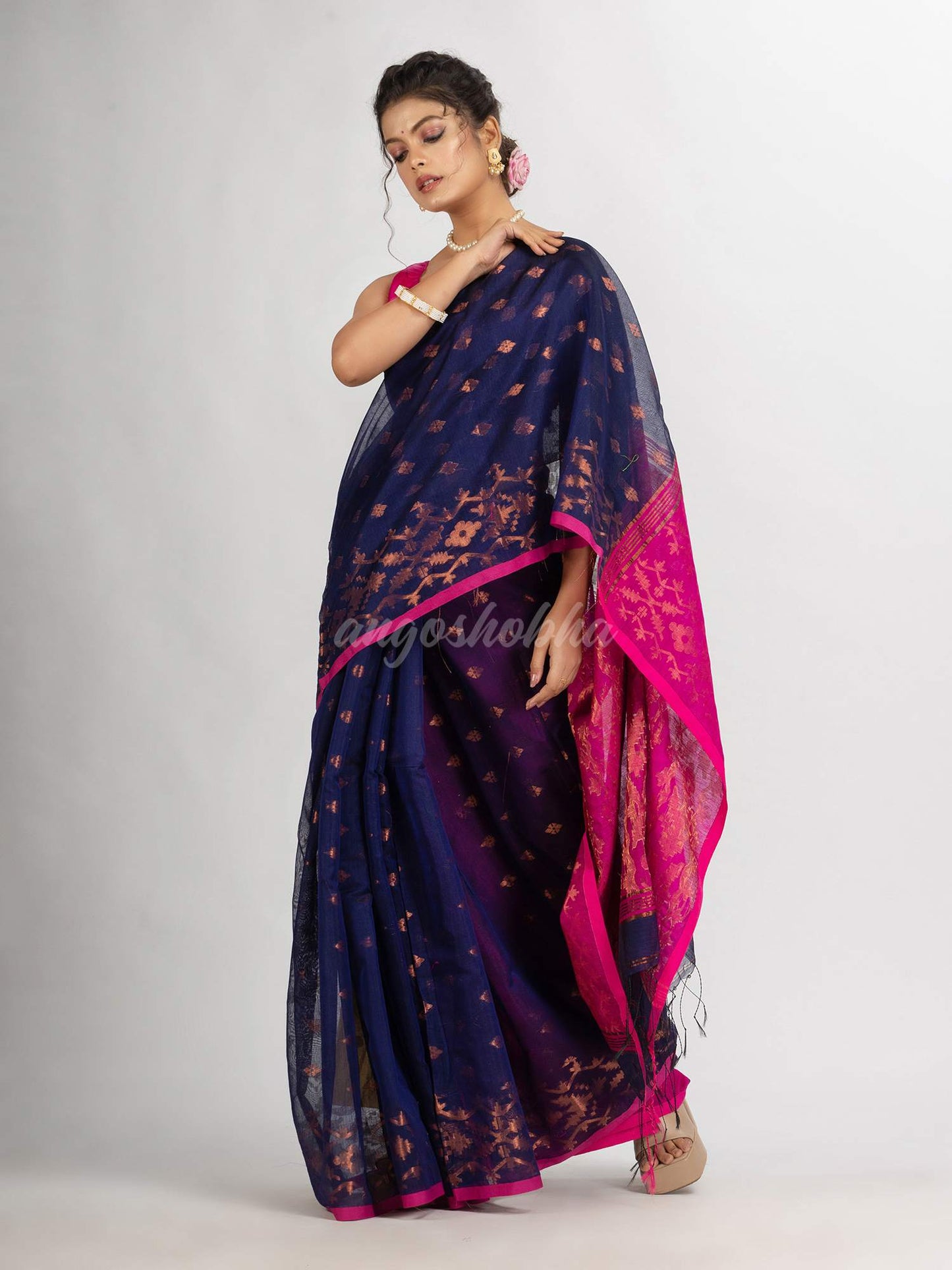 Nevy Blue Cotton Blend Handloom Tangail Saree